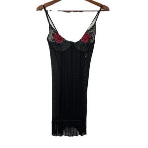 Sheer Rose Patch Underwire Fringe Mini Dress Lingerie Black Y2K Med?
